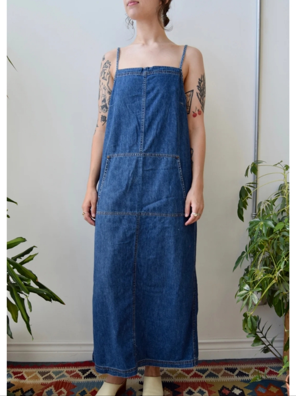 Ralph Lauren 90s Minimalist Denim Jean Midi Maxi Dress With Front Pocket M